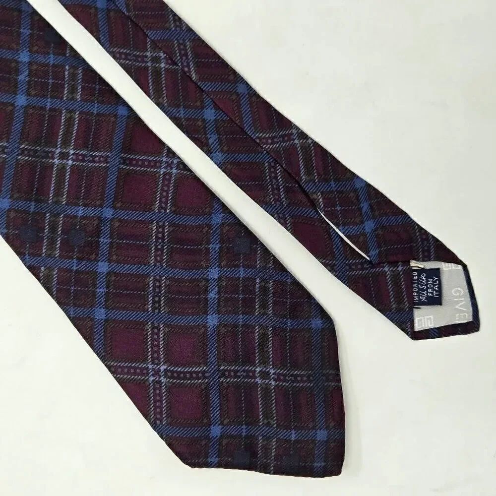GIVENCHY GENTLEMAN PARIS SILK TIE MAROON BLUE TARTAN PLAID 3.5" X 55"